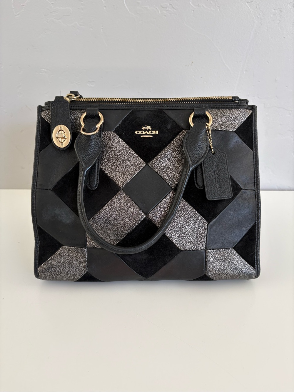 COACH Black and Metallic Gray Patchwork Top-Handle Satchel